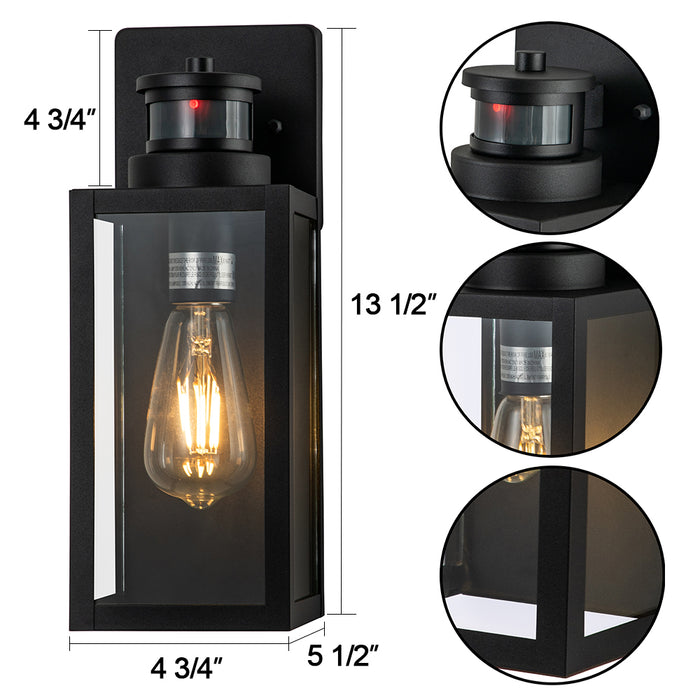 2-Pack Motion Sensing Dusk to Dawn Matte Black Outdoor Wall Lantern Sconce with Clear Tempered Glass