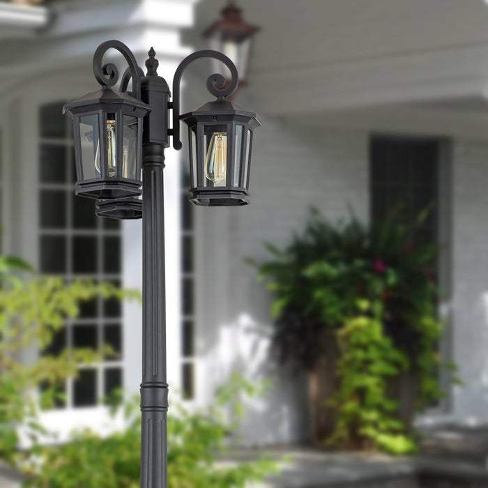76 in 3-Head Black Outdoor Post Light with Clear Tempered Glass