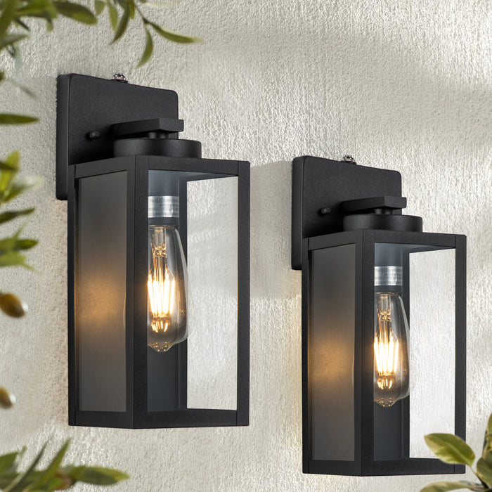 1-Light Matte Black Dusk to Dawn Outdoor Wall Lantern Sconce with Clear Tempered Glass 2-Pack