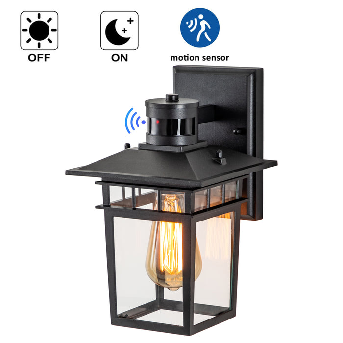 1-Light Matte Black Motion Snesing Dusk to Dawn Outdoor Wall Lantern Sconce with Clear Tempered Glass