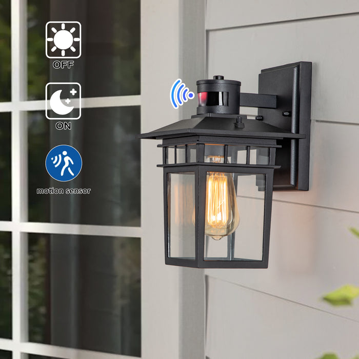 1-Light Matte Black Motion Snesing Dusk to Dawn Outdoor Wall Lantern Sconce with Clear Tempered Glass