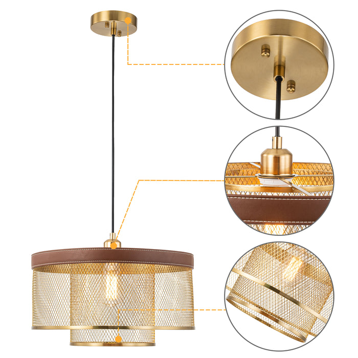 1-Light Brass Gold Mesh Pendant Light with Leather Accent