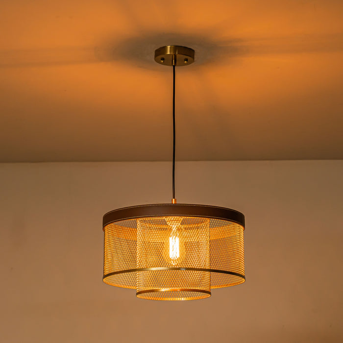 1-Light Brass Gold Mesh Pendant Light with Leather Accent