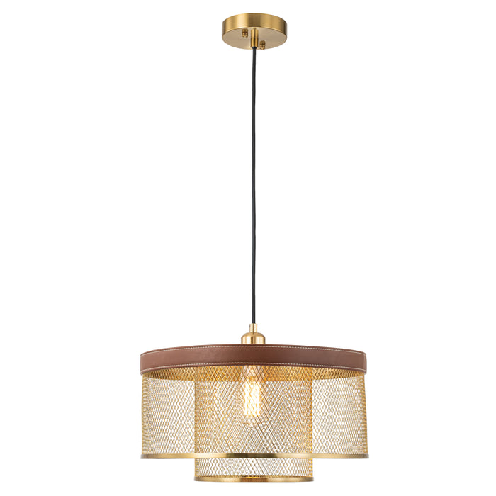 1-Light Brass Gold Mesh Pendant Light with Leather Accent