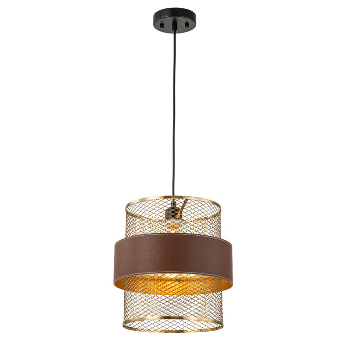 1-Light Brass Gold Mesh Pendant Light with Leather Accent