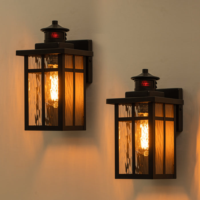 2-Pack Matte Black Motion Sensing Dusk to Dawn Outdoor Wall Lantern Sconces with Water Glass