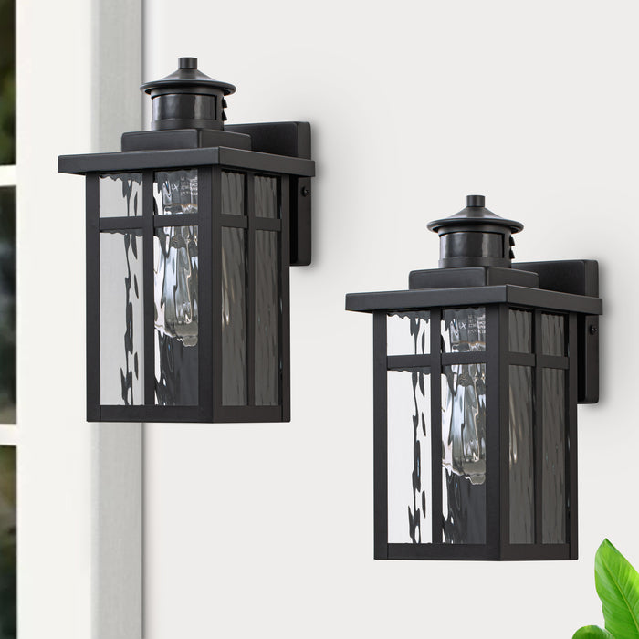 2-Pack Matte Black Motion Sensing Dusk to Dawn Outdoor Wall Lantern Sconces with Water Glass
