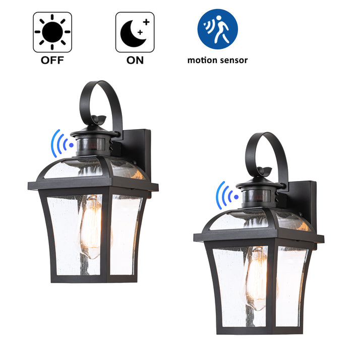 2-pack Matte Black Motion Sensing Dusk to Dawn Outdoor Wall Lantern Sconce with Clear Seeded Glass