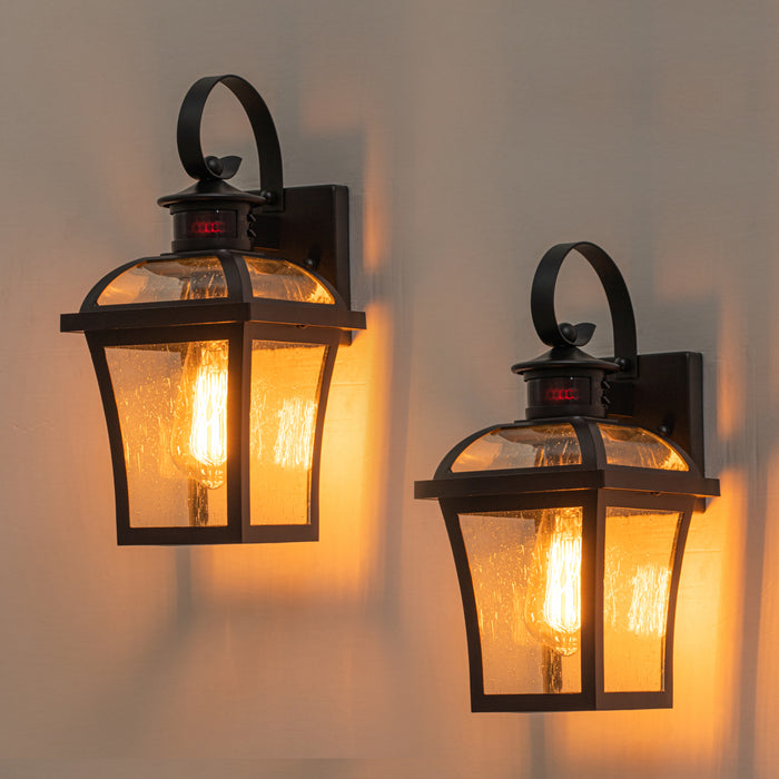 2-pack Matte Black Motion Sensing Dusk to Dawn Outdoor Wall Lantern Sconce with Clear Seeded Glass