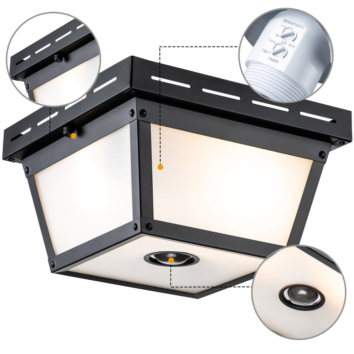 2-Light Matte Black Motion Sensor Flush Mount Light with White Textured Glass