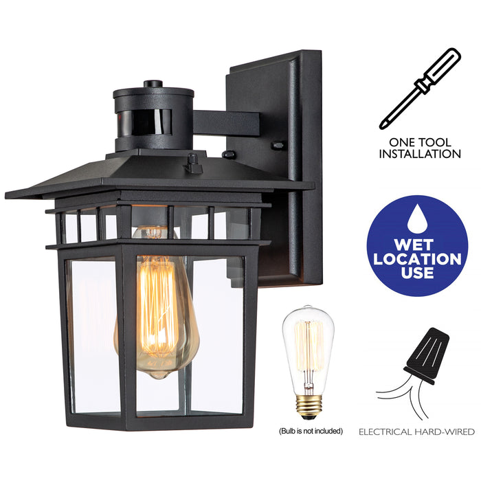 1-Light Matte Black Motion Snesing Dusk to Dawn Outdoor Wall Lantern Sconce with Clear Tempered Glass